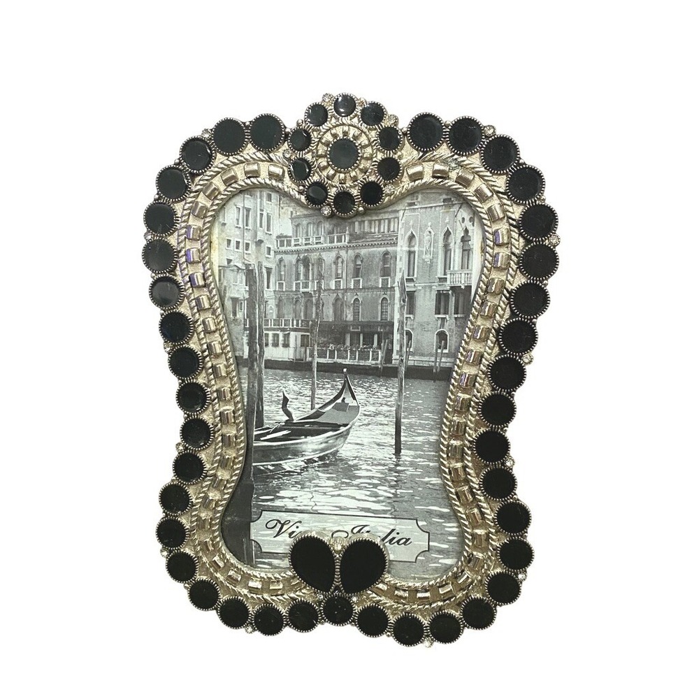 Vintage Ornate Silver Tone Black Jeweled 4x6 Picture‎ Frame Rhinestone Tabletop